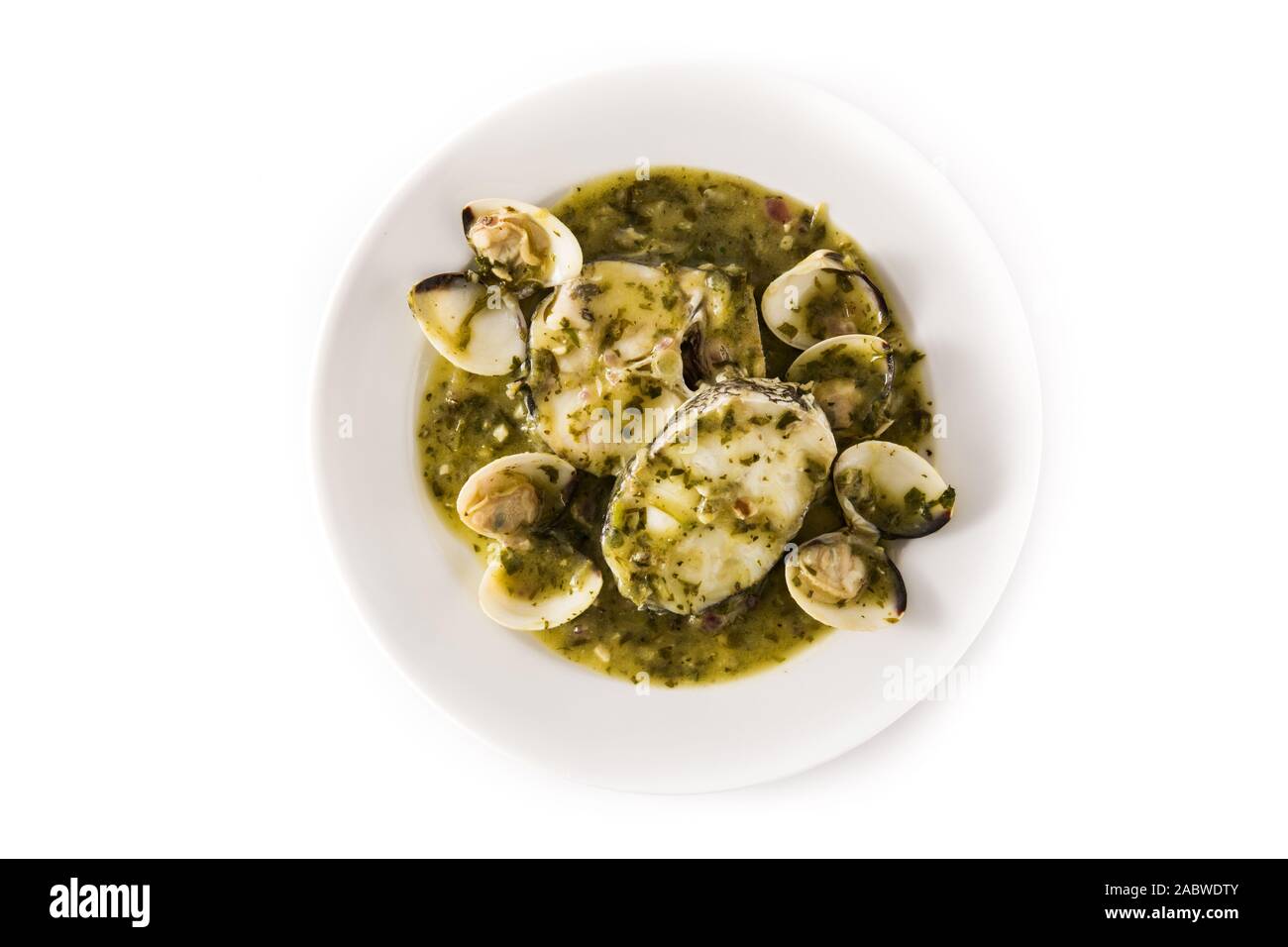 Hake fish and clams with green sauce. Typical spanish recipe. Top view