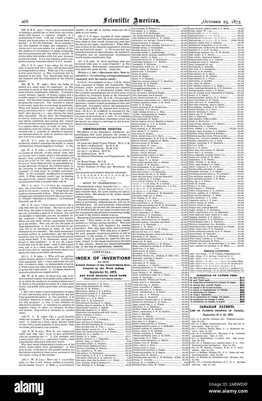 INDEX OF INVENTIONS FOR WHIM{ Letters Patent of the United States were Granted in the Week ending AND EACH BEARING THAT DATE. SCHEDULE OF PATENT FEES. CANADIAN PATENTS. LIST OP PATENTS GRANTED IN CANADA, scientific american, 1875-10-23 Stock Photo