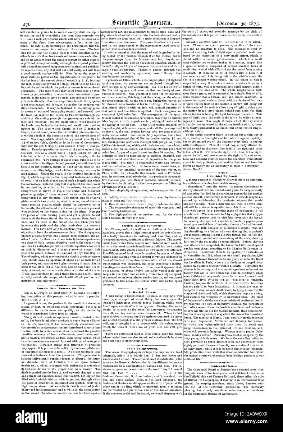 Lowe's New Process for Gas.  Vertical Motion of Vessels. A Buried Forest. Cable Telegraphing. A Suicidal Epidemic. Centennial Notes., scientific american, 1875-10-30 Stock Photo