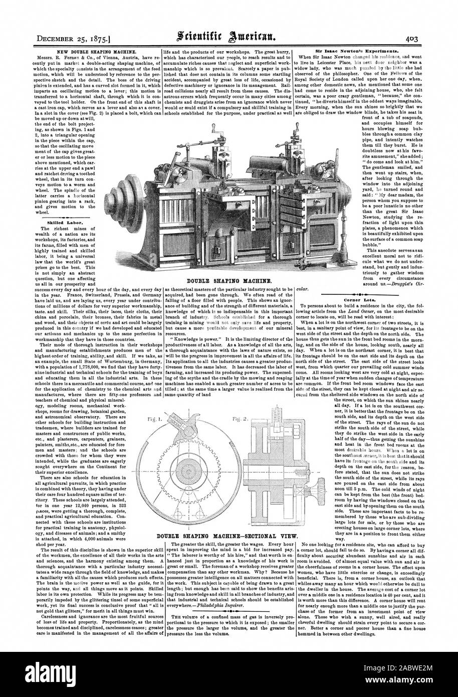 DOUBLE SHAPING MACHINE—SECTIONAL VIEW. NEW DOUBLE SHAPING MACHINE. Skilled Labor. Sir Isaac Newton's Experiments. Corner Lots. DOUBLE SHAPING MACHINE. P., scientific american, 1875-12-25 Stock Photo
