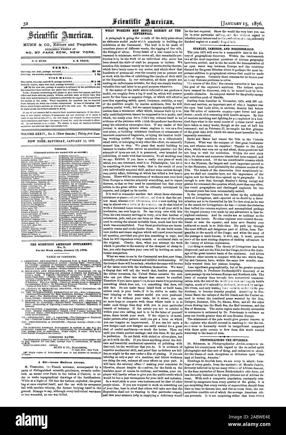 MUNN & CO. Editors and Proprietors. NO. 37 PARK ROW. NEW YORK. TERNS. 1 60 Club Rates. 527 00 2 70 A Disastrous Balloon Ascent. WHAT WORKING MEN SHOULD EXHIBIT AT THE CENTENNIAL. STANLEY CAMERON AND NORDENSKJOLD. PHOTOGRAPHING THE INVISIBLE. Contents. THE SCIENTIFIC AMERICAN SUPPLEMENT., 1876-01-15 Stock Photo