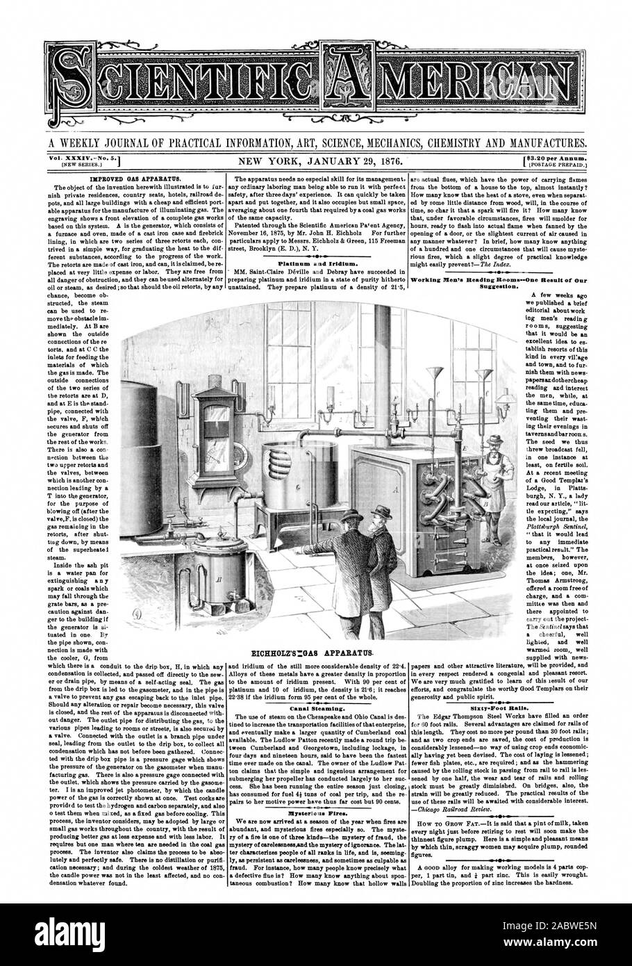 A WEEKLY JOURNAL OF PRACTICAL INFORMATION ART SCIENCE MECHANICS CHEMISTRY AND MANUFACTURES. Vol. XXXIV.-No. 5.1 [$3.20 per Annum. Platinum and Iridium. EICHHOLZ'S=GA8 APPARAT US. Canal Steaming. 'Mysterious Fires. Suggestion., scientific american, 1876-01-29 Stock Photo