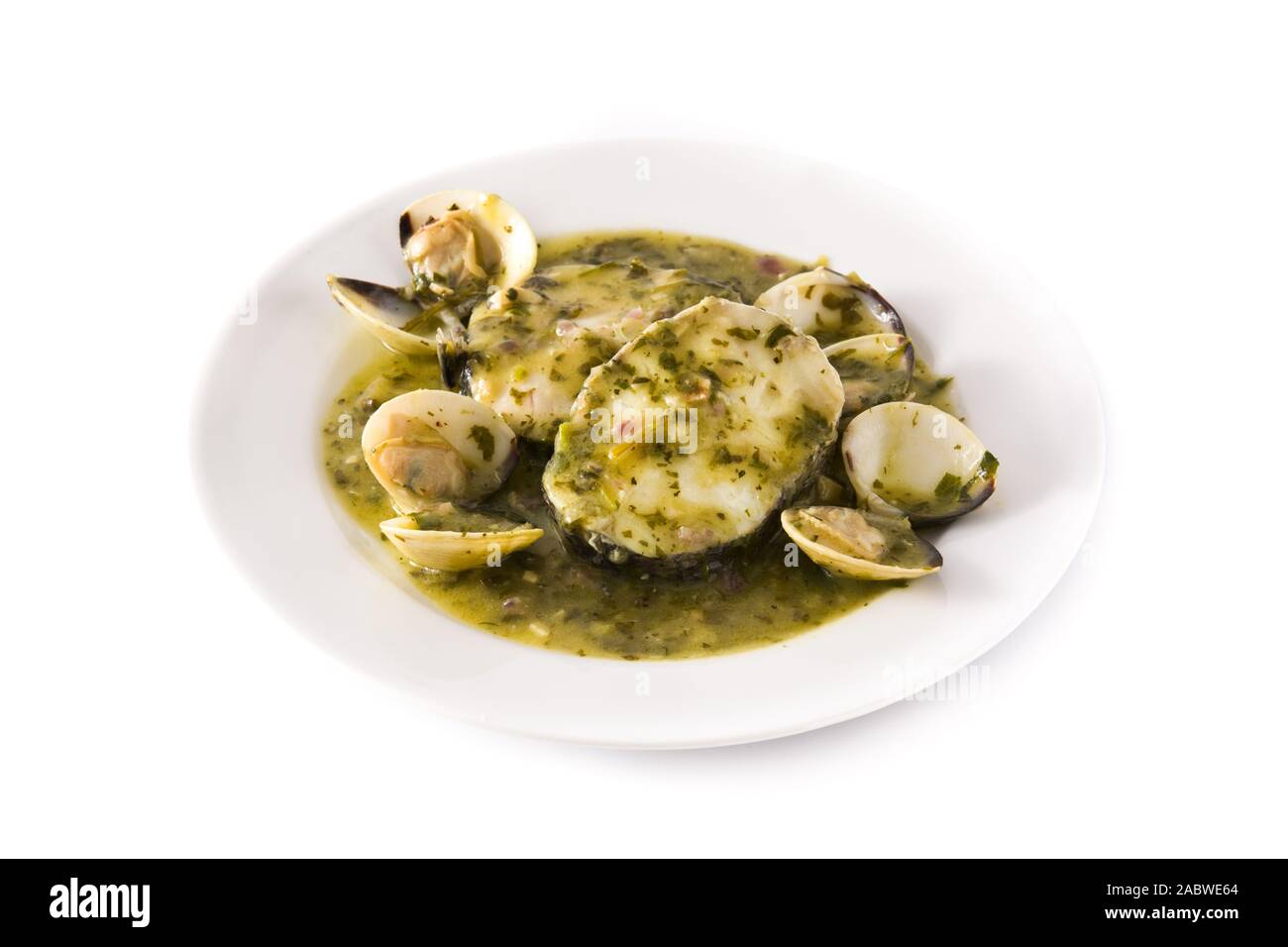 Hake fish and clams with green sauce. Typical spanish recipe Stock