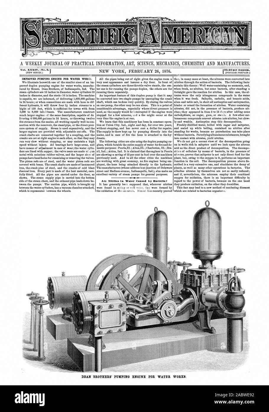A WEEKLY JOURNAL OF PRACTICAL INFORMATION ART SCIENCE MECHANICS CHEMISTRY AND MANUFACTURES. r$3.20 per Annum. Are Nitrites in Water Caused by Bacteria? DEAN BROTHERS' PUMPING ENGINE FOR WATER WORKS., scientific american, 1876-02-26 Stock Photo