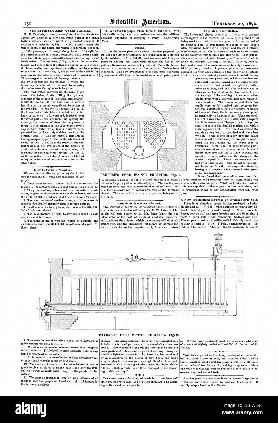 NEW AUTOMATIC FEED WATER PURIFIER. New Industries Wanted. Cosina. PAUCKSH'S FEED WATER PURIFIERFig. 1 English Grease Butter. A New Crystallized Hydrate of Hydrochloric Acid. PAUCKSH S FEED WATER PURIFIERFig. 2., scientific american, 1876-02-26 Stock Photo