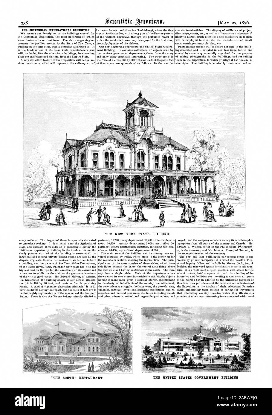 THE CENTENNIAL INTERNATIONAL EXHIBITION. THE NEW YORK STATE BUILDING. 'THE SOUTH' RESTAURANT THE UNITED STATES GOVERNMENT BUILDING, scientific american, 1876-05-27 Stock Photo