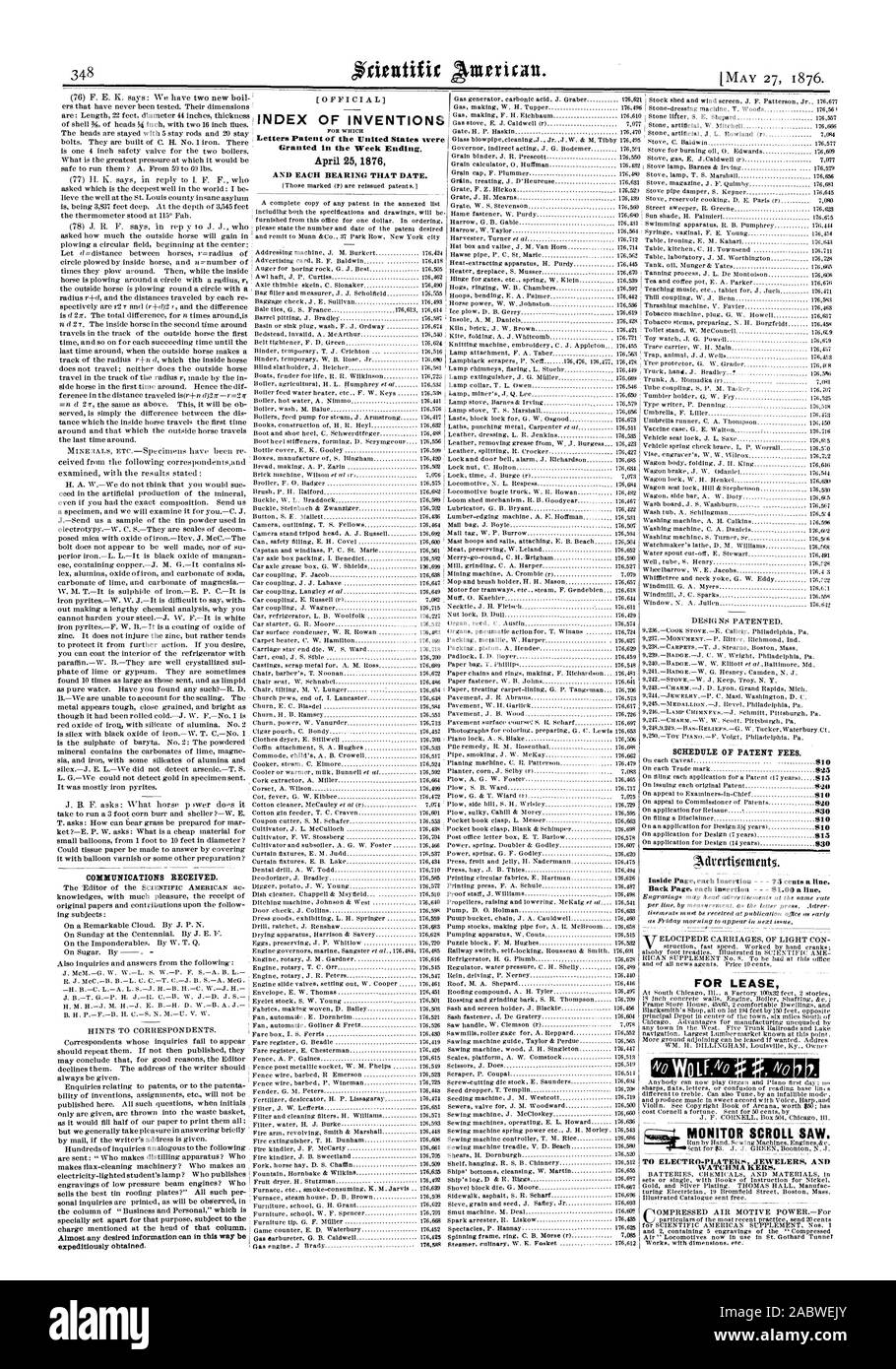 examined with the results stated : J. B. F. asks : 'What horse p  wer does it COMMUNICATIONS RECEIVED. expeditiously obtained. 1 AND EACH BEARING THAT DATE. SCHEDULE OF PATENT FEES. 810 0 0 82 MONITOR SCROLL SAW. TO ELECTRO.PLATERS_.FEWELERS AND WATCHMA KERS., scientific american, 1876-05-27 Stock Photo