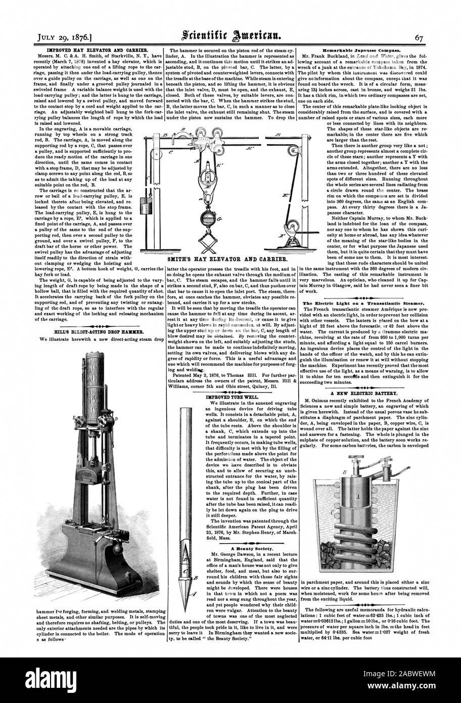 IMPROVED TUBE WELL. A Beauty Society. IMPROVED HAY ELEVATOR AND CARRIER. HILL'S DIRECT-ACTING DROP HANKER. Remarkable Japanese Compass. -4 414. The Electric Light on a Transatlantic Steamer. A NEW ELECTRIC BATTERY. SMITH'S HAY ELEVATOR AND CARRIER., scientific american, 1876-07-29 Stock Photo