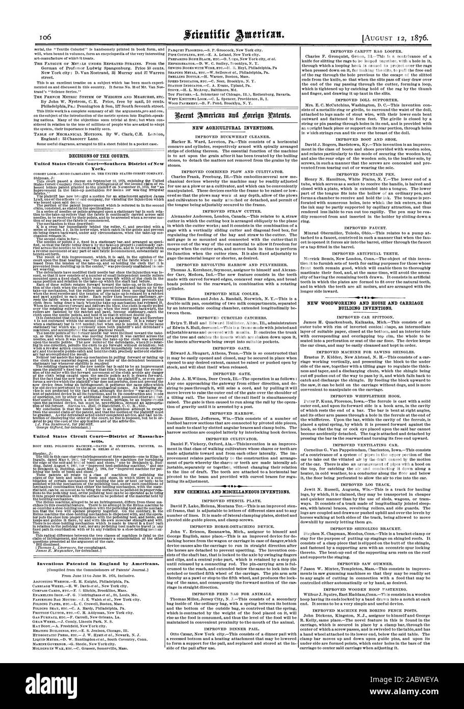 United States Circuit CourtSouthern District of New York. setts. BOOT HEEL POLISHING MACHINEDAVID H. SWEETSER TRUSTEE 08. Inventions Patented in England by Americans. NEW AGRICULTURAL INVENTIONS. NEW CHEMICAL AND MISCELLANEOUS INVENTIONS. NEW WOODWORKING AND HOUSE AND CARRIAGE BUILDING INVENTIONS., scientific american, 1876-08-11 Stock Photo