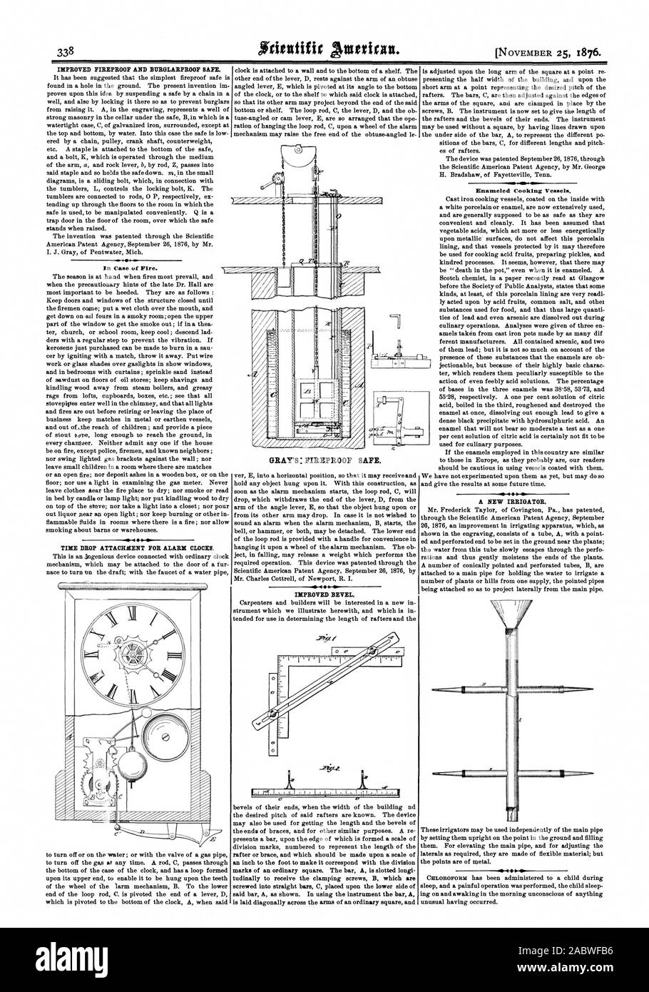 In Case of Fire. Enameled Cooking Vessels. GRAY'S: FIREPROOF SAFE., scientific american, 1876-11-25 Stock Photo