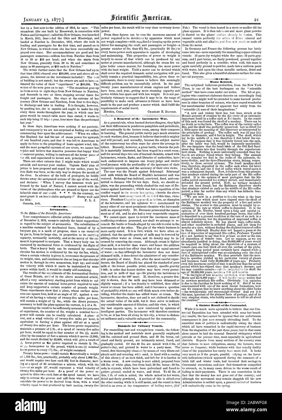 Aeronautics. A Renewal of the Laetometer War. Enamels for Culinary Vessels. Moses Refuted. -.04 A Sinister Result of the Centennial., scientific american, 1877-01-13 Stock Photo