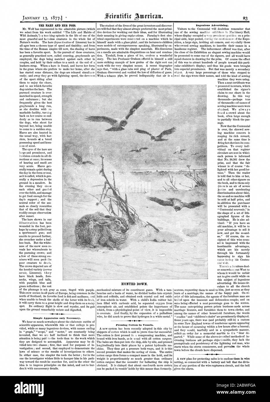 Simple Apparatus only Necessary.  Pressing Cotton in Vessels. Ingenious Advertising. HUNTED DOWN., scientific american, 1877-01-13 Stock Photo