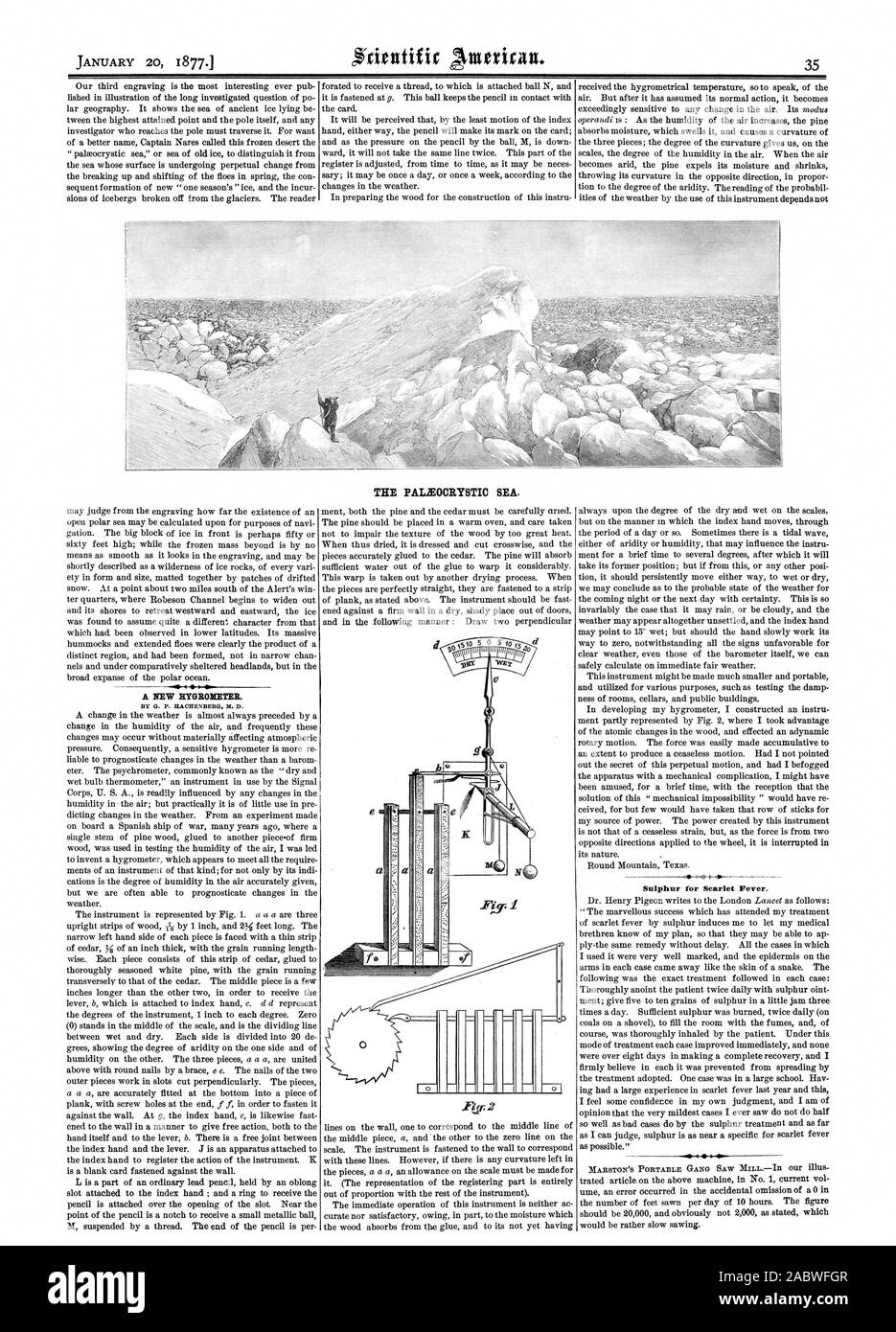 A NEW HYGROMETER. THE PALEOCRYSTIC SEA. 2 Sulphur for Scarlet Fever., scientific american, 1877-01-20 Stock Photo