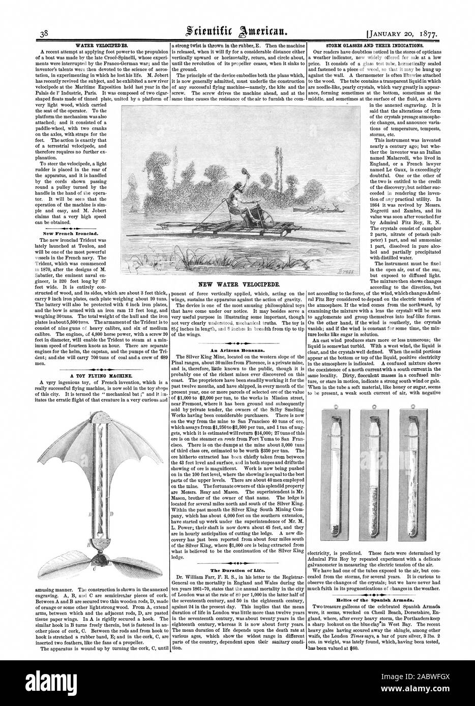 WATER VELOCIPEDES. New French Ironclad. A TOY PLYING MACHINE. NEW WATER VELOCIPEDE. An Arizona Bonanza. The Duration of Life. STORM GLASSES AND THEIR INDICATIONS. Relics of the Spanish Armada., scientific american, 1877-01-20 Stock Photo