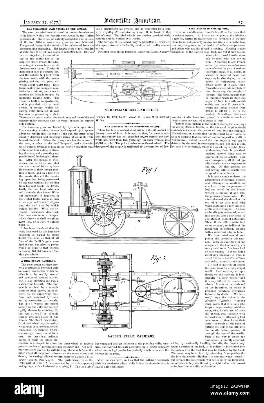 Machine THE ITALIAN IRONCLAD DIIILIO. The Decrease of the Petroleum Supply. 4 LAUCK'S STEAM CARRIAGE. Lead Poison in Sewing Silk. '7 400, scientific american, 1877-01-27 Stock Photo