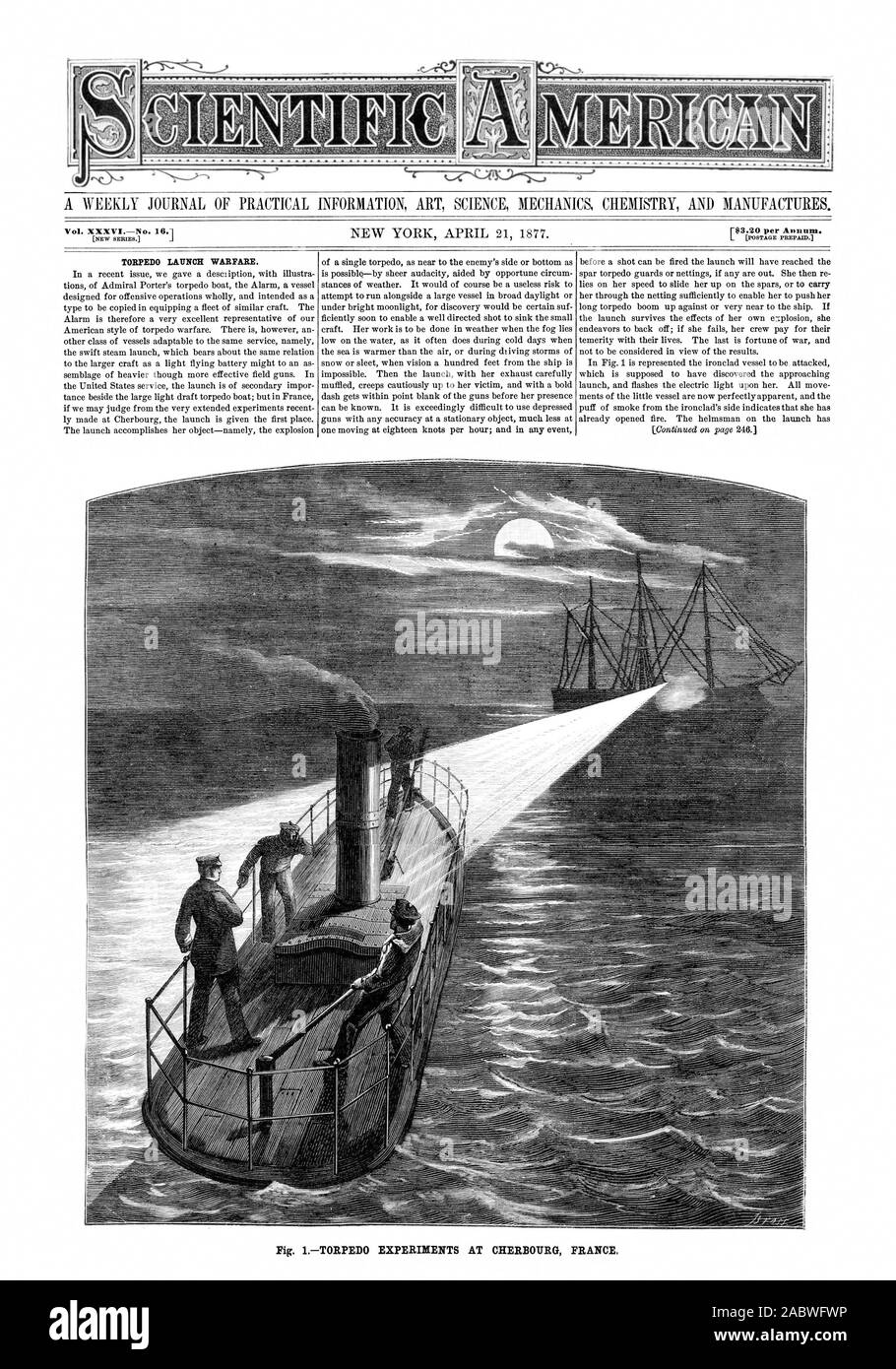 TORPEDO LAUNCH WARFARE Fig. ITORPEDO EXPERIMENTS AT CHERBOURG FRANCE, scientific american, 1877-04-21 Stock Photo