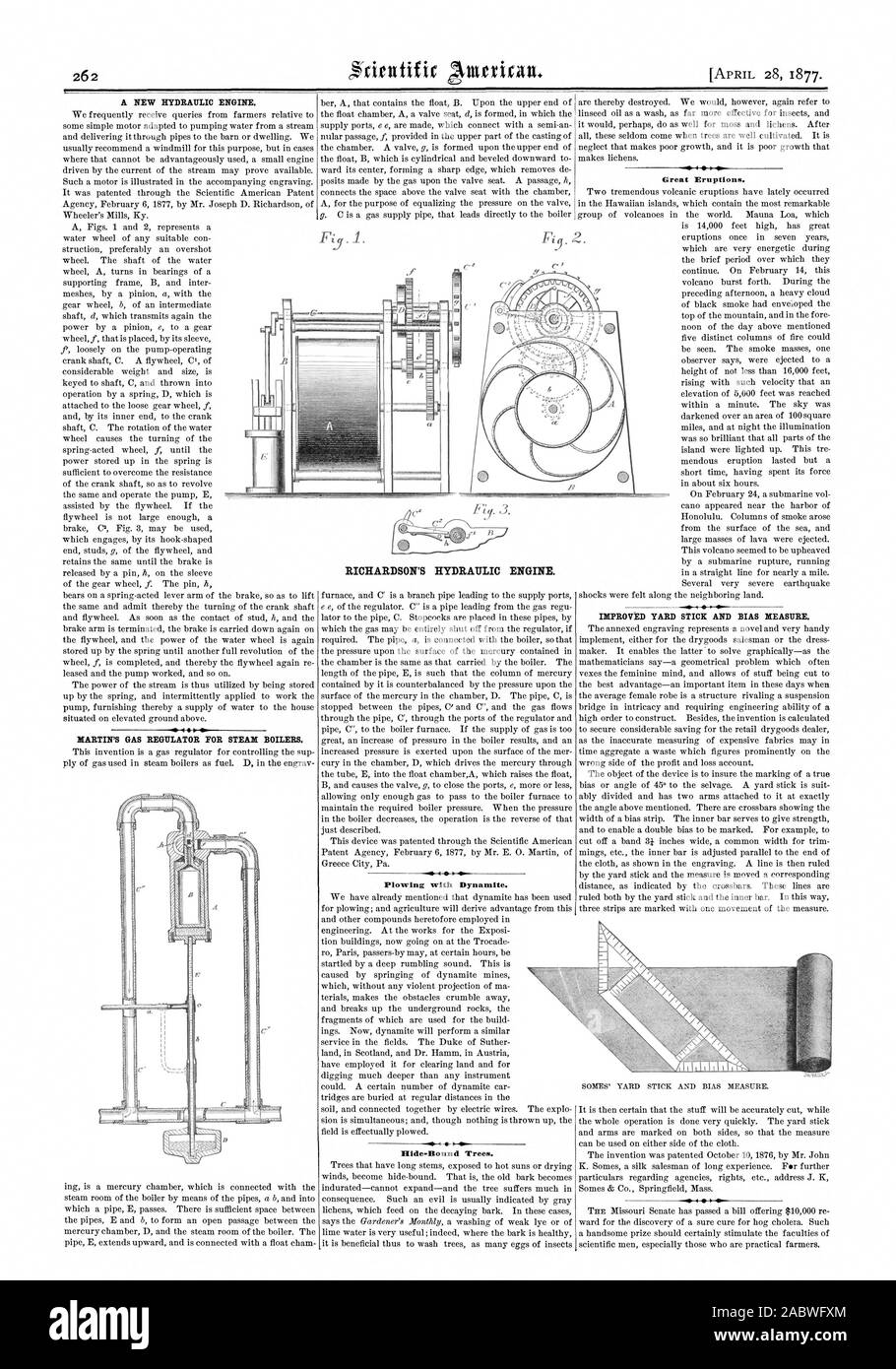 A NEW HYDRAULIC ENGINE. MARTIN'S GAS REGULATOR FOR STEAM BOILERS. Plowing with Dynamite. Hide-Bound Trees. 4 Great Eruptions. IMPROVED YARD STICK AND BIAS MEASURE. RICHARDSON'S HYDRAULIC ENGINE. SOMES' YARD STICK AND BIAS MEASURE., scientific american, 1877-04-28 Stock Photo