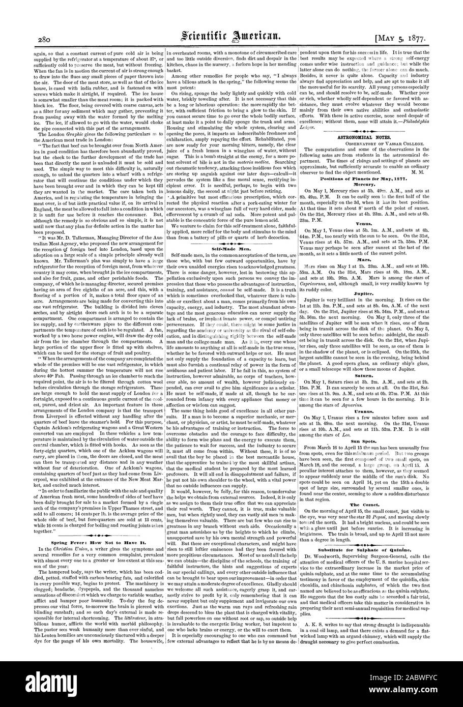 Spring Fever: How Not to Have It. Self-Made Men. Positions of Planets for May.1877. Mercury. Venus. Mars. Jupiter. Saturn. Uranus. Sun Spots. The Comet. Substitute for Sulphate of Quinine., scientific american, 1877-05-05 Stock Photo