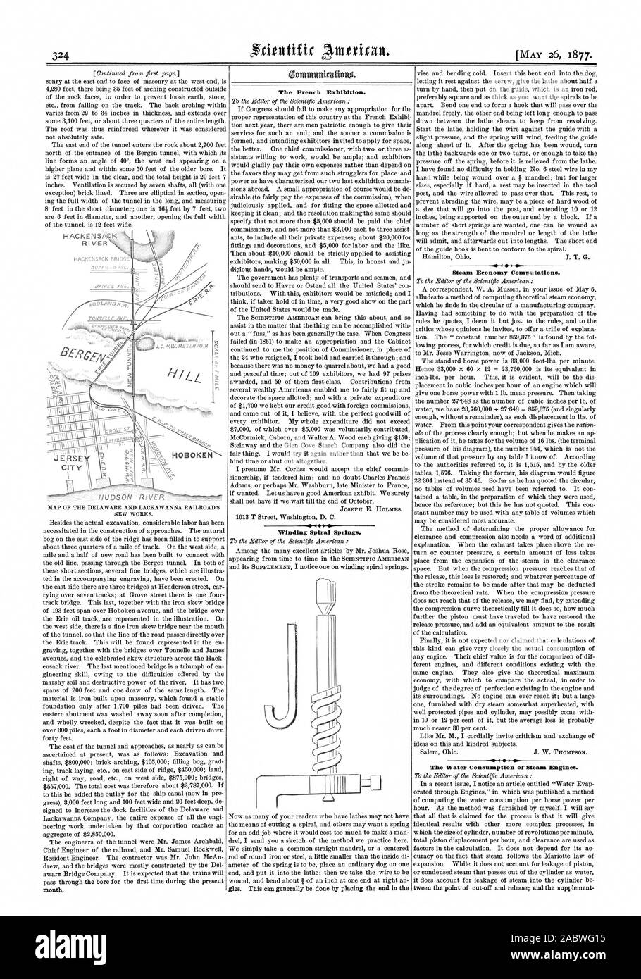 HOBOKEN MAP OF THE DELAWARE AND LACKAWANNA RAILROAD'S NEW WORKS. month. The French Exhibition. le 4 Winding Spiral Springs. gles. This can generally be done by placing the end in the .0 4  410 Steam Economy Computations. The Water Consumption of Steam Engines. CITY, scientific american, 1877-05-26 Stock Photo