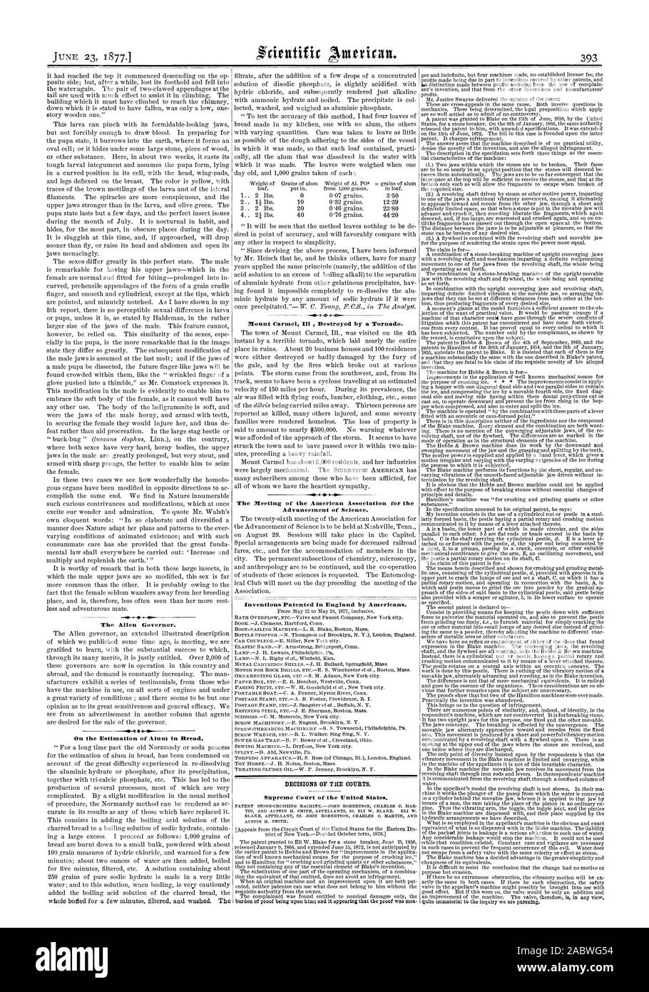 The Allen Governor. On the Estimation of Alum in Bread. whole boded for a few minutes filtered and washed. The Mount Carmel   Destroyed by a Tornado. The Meeting of the American Association for the Inventions Patented in England by Americans. TIN AND AUSTIN H. SMITH APPELLANTS VS. ELI W. BLAKE. ELI W. AUSTIN H. SMITH. DECISIONS OF THE COURTS., scientific american, 1877-06-23 Stock Photo