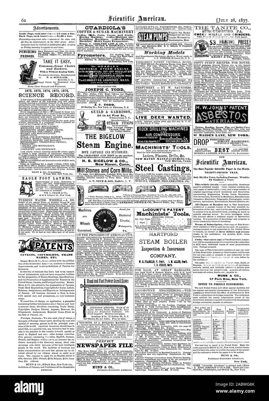 CAVEATS COPYRIGHTS TRADE MARKS ETC. AMERICAN. CUARDIOLA.'S COFFEE & SUGAR MACHINERY Coffee InFalt Corn Cocoa and Grain Drying Machine. Coffee-Hulling and Poilshing Machines. Coffee-Washing Machine. Helix Sugar Evaporator. J. T. NOYE & SON Buffal N. Y. Machines AND Wheels Guaranteed. PA. NEWSPAPER FILE MUNN & CO. LeCOUNT'S PATENT Machinists' Tools. HARI FORD COMPANY. STROUDSBURG PA. EMERY WHEELS AND GRINDERS. FIFTY SYRUP RECIPES FOR HOUSE DROP FORGINGS and SPECIAL MACHINERY The Most Popular Scientific Paper in the World. THIRTY-SECOND YEAR. Only 63.20 a Year including Postage. Weekly. 52 Stock Photo
