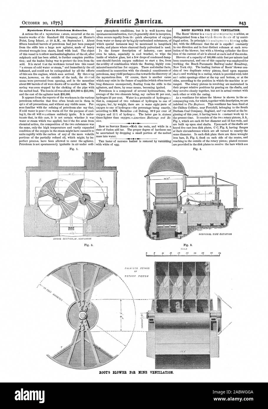 Mysterious Fires in Petroleum Refineries. ROOTS' BLOWER FOR NINE VENTILATION. ROOT'S BLOWER FOR MINE VENTILATION., scientific american, 1877-10-20 Stock Photo
