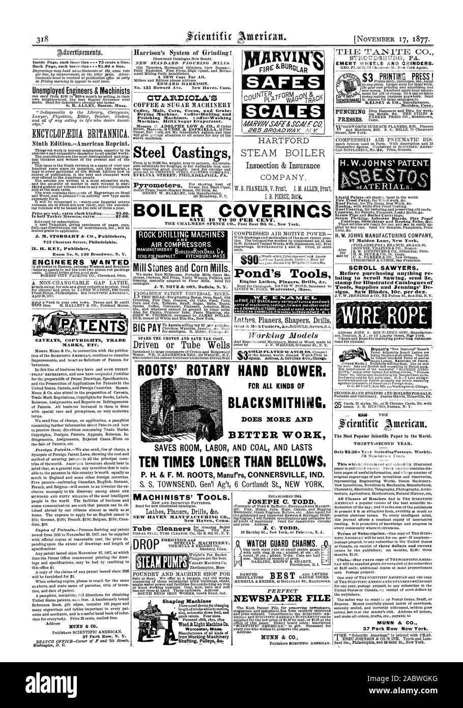 Unemployed Engineers & Machinists II. H. KEY Publisher ENGINEERS WANTED CAVEATS COPYRIGHTS TRADE MARKS ETC. MUNN & CO. C17.413OLA'S Coffee Malt Corn Cocoa and Grain Drying Machine. Coffee-Hulling and Polishing Machines. offee-Washing Steel Castings BOILER COVERINGS SAVE 10 TO 20 PER CENT. ROCK DRILLING MACHINES AIR COMPRESSORS ROOTS' ROTARY HAND BLOWER. FOR ALL KINDS OF BLACKSMITH1NG. DOES MORE AND BETTER WORK SAVES ROOM LABOR AND COAL AND LASTS TEN TIMES LONGER THAN BELLOWS. MACHINISTS' TOOLS. NEW HAVEN MANUFACTURING CO. New Haven Conn. IBM PUMPS EMERY WHEELS AND GRINDERS. PRESS! THIRTY- Stock Photo