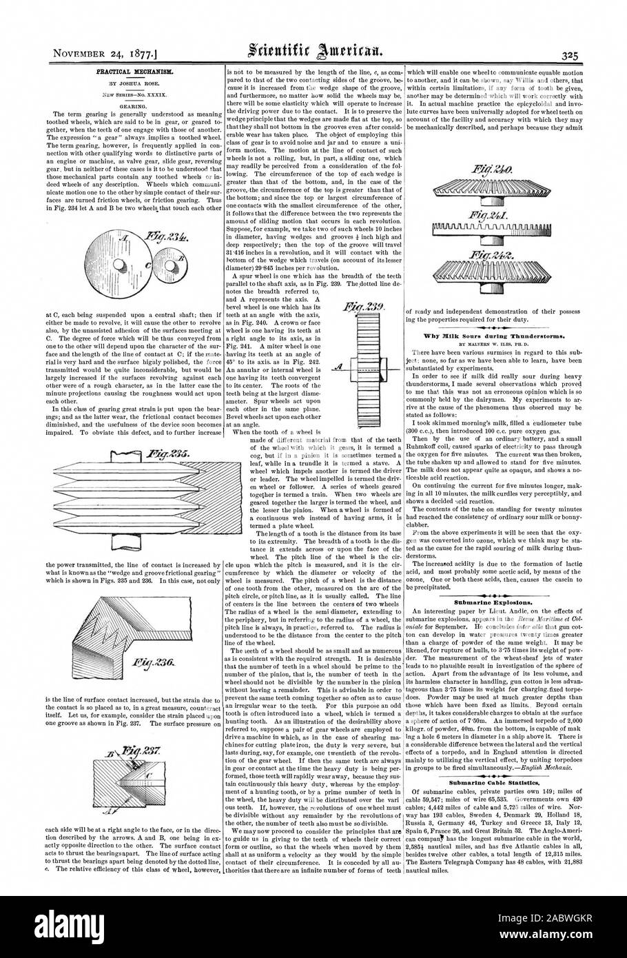 Sours during Thunderstorms. Submarine Explosions. Submarine Cable Statistics., scientific american, 1877-11-24 Stock Photo