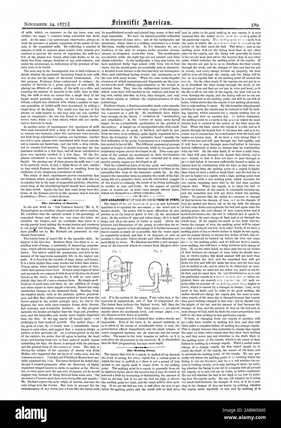 NEW ARRANGEMENT OF THE AIR RESERVOIRS IN PUMPS. The Melting Point. The Ancestry of Insects., scientific american, 1877-11-24 Stock Photo