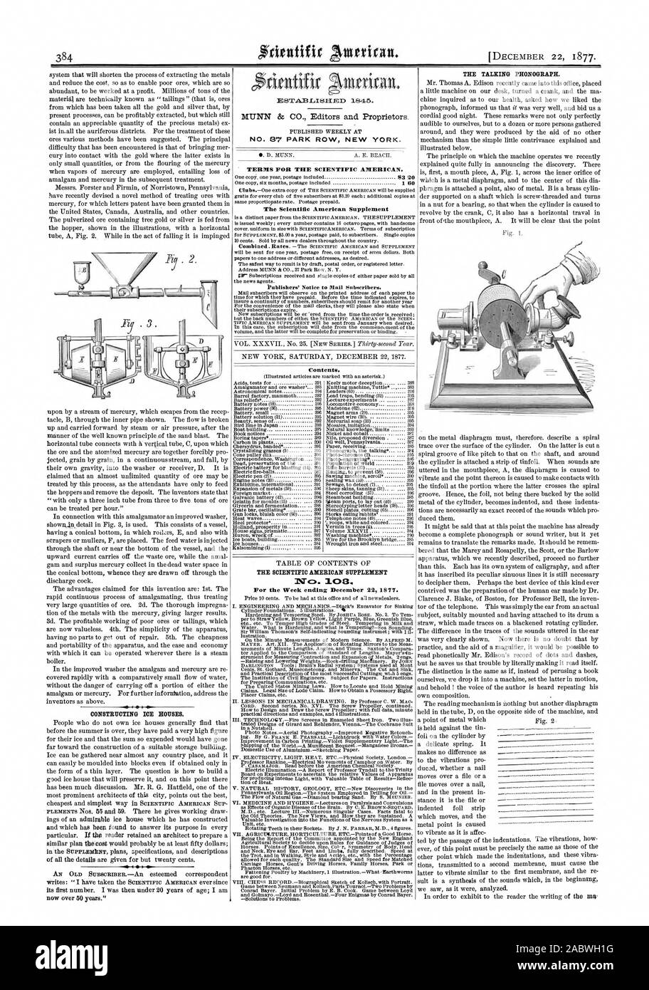 CONSTRUCTING ICE HOUSES. NO. 87 PARK ROW NEW YORK. TERMS FOR THE SCIENTIFIC AMERICAN. The Scientific American Supplement Contents. Nca. 103 For the Week ending December 22 1877. THE TALKING PHONOGRAPH. Barrel Photo-engravit, 1877-12-22 Stock Photo