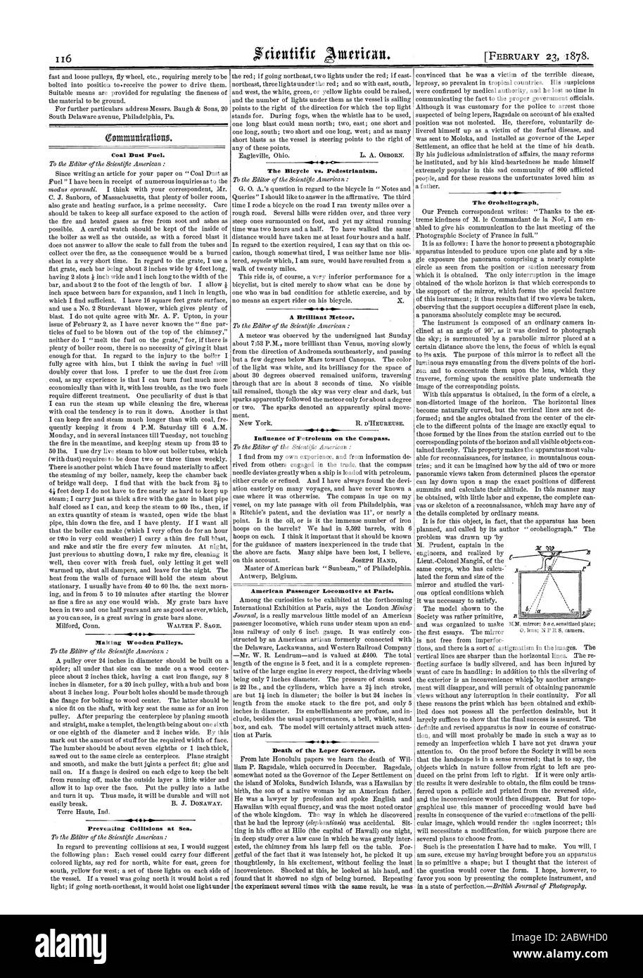 Coal Bust Fuel. Making Wooden Pulleys. Preventing Collisions at Sea. The Bicycle vs. Pedestrianism. A Brilliant Meteor. Influence of Petroleum on the Compass. American Passenger Locomotive at Paris. Death of the Leper Governor. The Orohellograph, scientific american, 1878-02-23 Stock Photo
