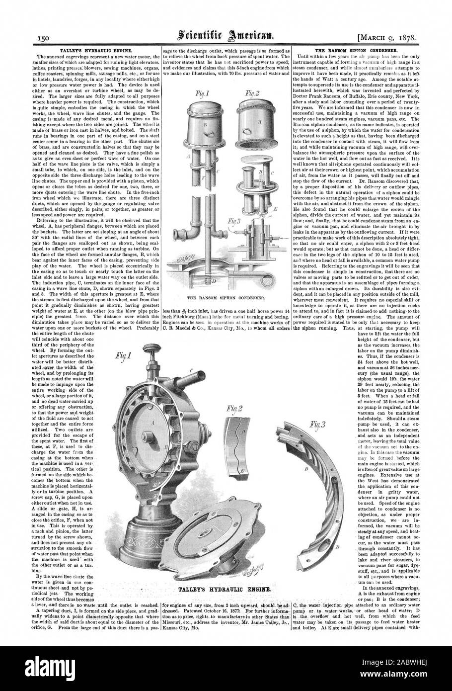 TALLEY'S HYDRAULIC ENGINE., scientific american, 1878-03-09 Stock Photo