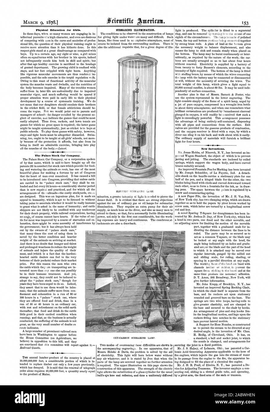 Physical Education for Girls. The Palace Stock Car' Company. SUBMARINE ILLUMINATION. New Inventions., scientific american, 1878-03-09 Stock Photo