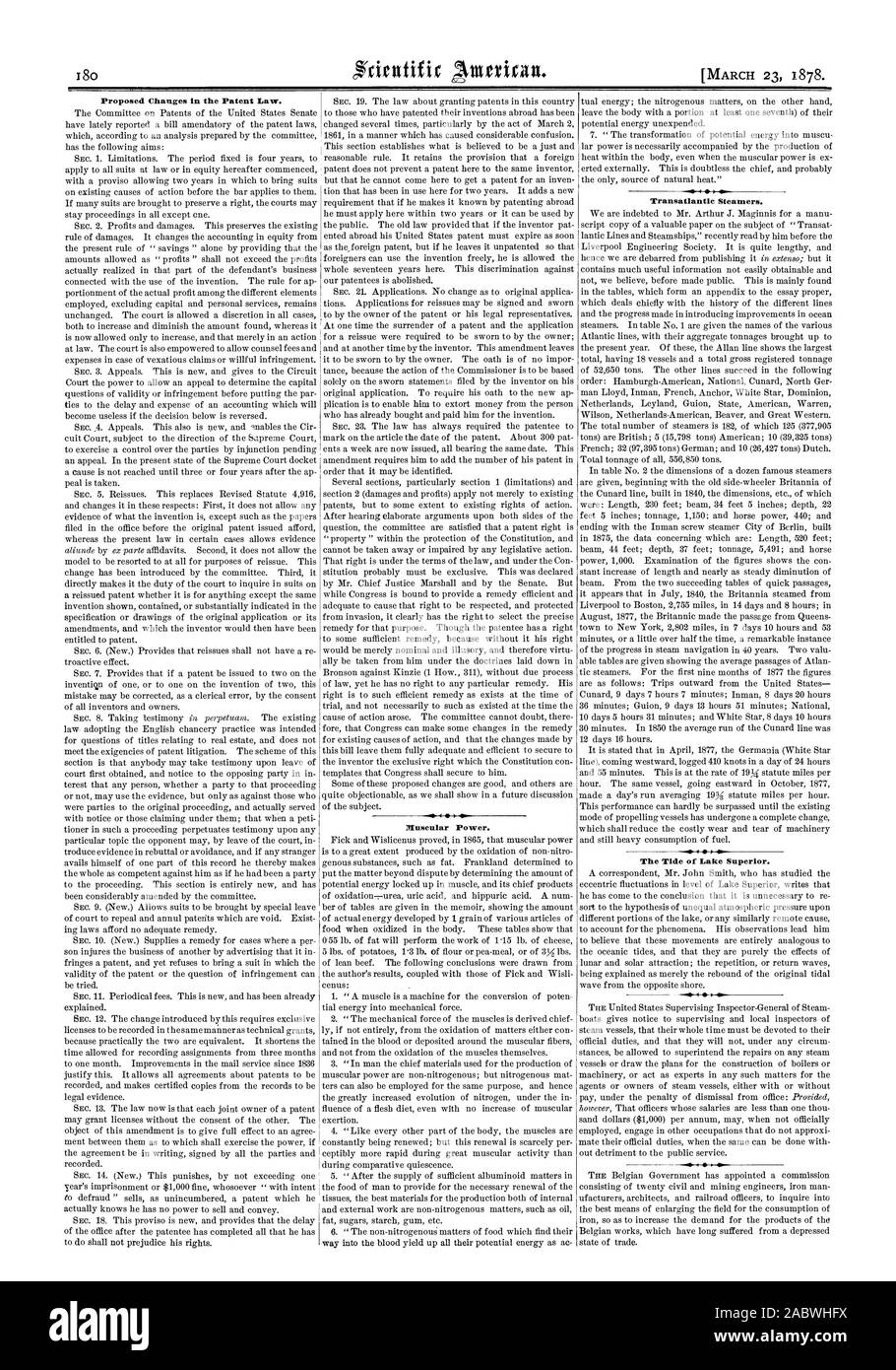 Proposed Changes in the Patent Law. Muscular Power. Transatlantic Steamers. The Tide of Lake Superior., scientific american, 1878-03-23 Stock Photo