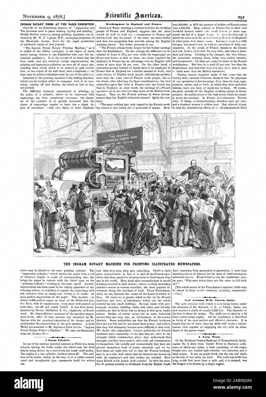 INGRAM ROTARY PRESS AT T BE PARIS EXHIBITION. $rientifir Workingmen in England and France. THE INGRAM ROTARY MACHINE FOR PRINTING ILLUSTRATED NEWSPAPERS. A Steam Tricycle. New Artesian Well Vitoria Spain. A Long Train, scientific american, 1878-11-09 Stock Photo