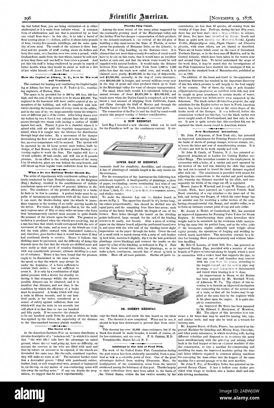 How the Capitol at Albany N. Y. is to be Warmed and Ventilated. What a Pe feet Railway Brake Should Do. Florida Ship Canal. A NEW RHEOSTAT. LOWER HALF OF RHEOSTAT. Additions to Our List of Food Fish. New Mechanical Inventions. DR. OEHEE'S RHEOSTAT., scientific american, 1878-11-09 Stock Photo