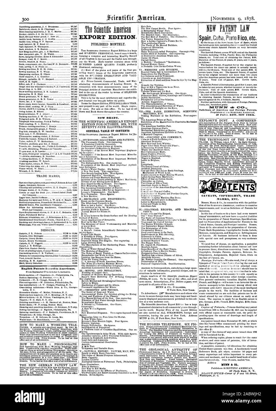 English Patents Issued to Americans. EXPORT EDITION. NEors. NEW PATENT LAW 37 PARK ROW NEW YORK. CAVEATS COPYRIGHTS TRADE MARKS ETC. NUN' & 37 Park Row N. Y. NOW READY. GENERAL TABLE OF CONTENTS FOR, scientific american, 1878-11-09 Stock Photo
