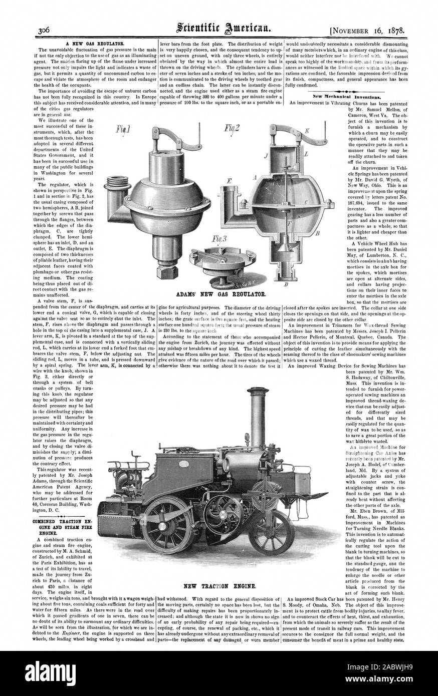 ADAMS' NEW GAS REGULATOR. NEW TRACTION ENGINE., scientific american, 1878-11-16 Stock Photo