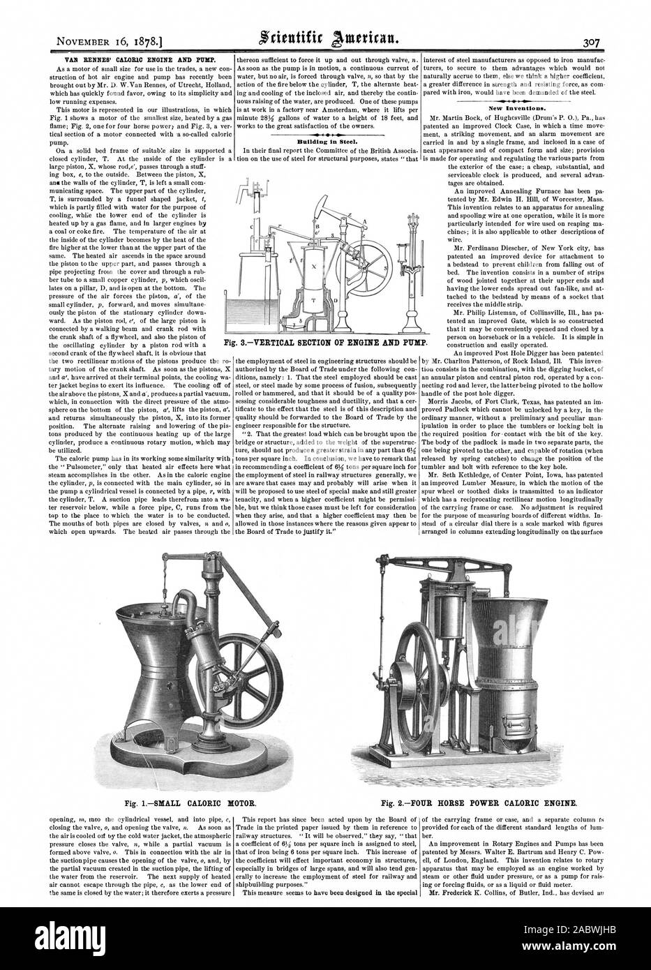 VAN RENNES' CALORIC ENGINE AND PUMP. Building in Steel. O. New ...