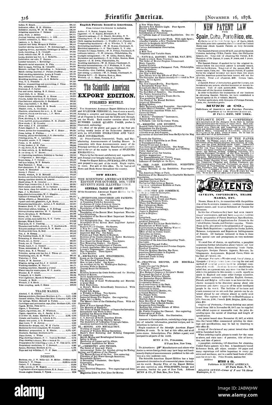 English Patents Issued to Americans. EXPORT EDITION. PUBLISHED MONTHLY. NOW READY. GENERAL TABLE OF CONTENTS FOR SpainCuba Porto Ric etc. CA 'FEATS COPYRIGHTS TRADE l!IAItKS ETC. 37 Park Row N. Y., scientific american, 1878-11-16 Stock Photo