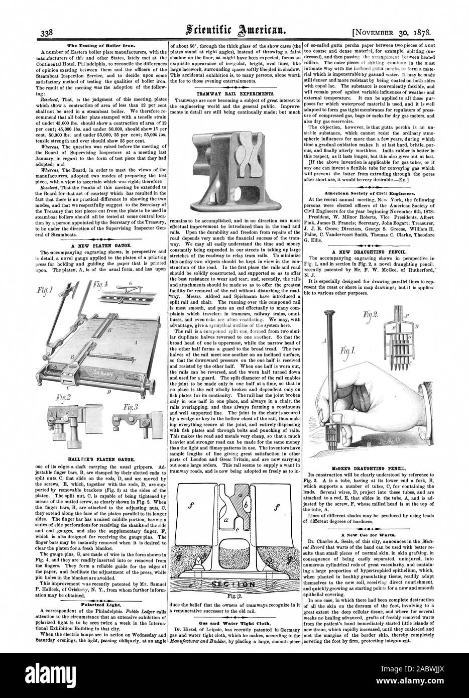 A NEW PLATEN GAUGE. HALLECR'S PLATEN GAUGE. Polarized Light. TRAMWAY RAIL EXPERIMENTS. Gas and Water Tight Cloth. American Society of Civil Engineers. A NEW DRAUGHTING PENCIL. bleGEE'S DRAUGHTING PENCIL. A New Use for Warts., scientific american, 1878-11-30 Stock Photo