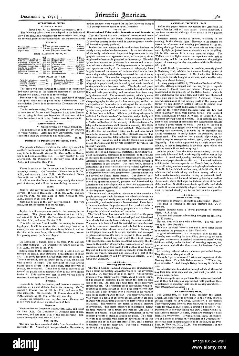 Heating Street Cars. ASTRONOMICAL NOTES. BY BERLIN H. WRIGHT. H.)!. Astronomical Notes. Positions of Planets for December 1878. Mercury. Venus. Mars. Jupiter. Saturn. Uranus. Neptune. Sun Spots. AMERICAN INSTITUTE FAIR. About Advertising. 4  Electrical and Telegraphic Inventions and Inventors., scientific american, 1878-12-07 Stock Photo