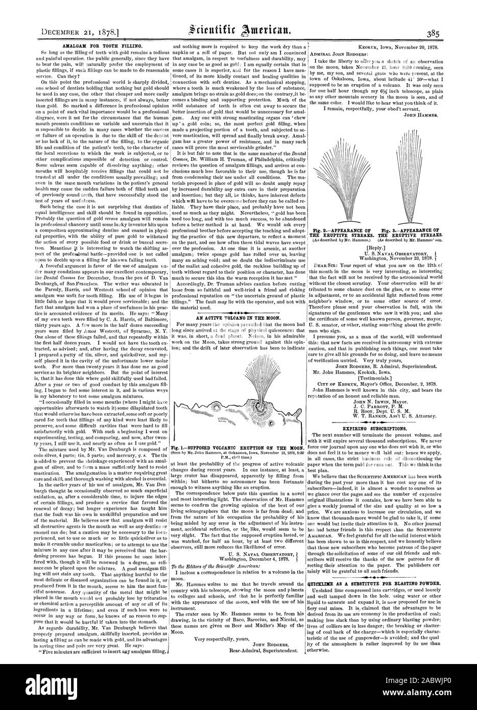 AMALGAM FOR TOOTH FILLING. Fig. 2APPEARANCE OF Fig. SAPPEARANCE OF THE ERUPTIVE STREAKS. THE ERUPTIVE STREAKS. EXPIRING SUBSCRIPTIONS. QUICKLIMM AS A SUBSTITUTE FOR BLASTING POWDER. AN ACTIVE VOLCANO IN THE MOON. Fig. ISUPPOSED VOLCANIC ERUPTION ON THE MOON., scientific american, 1878-12-21 Stock Photo