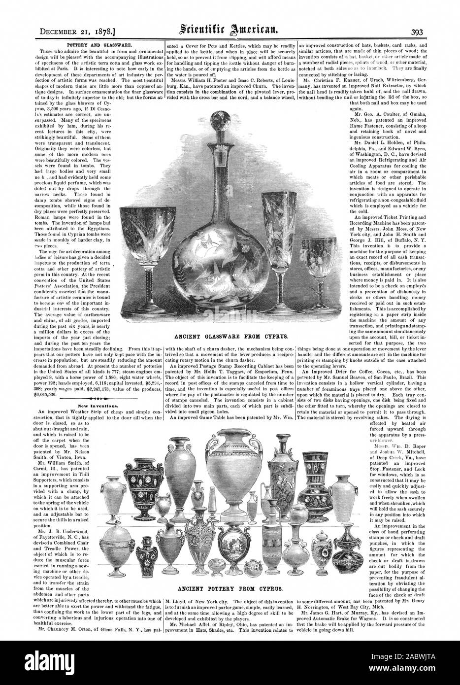 POTTERY AND GLASSWARE. .10. New Inventions. ANCIENT GLASSWARE FROM CYPRUS. ANCIENT POTTERY FROM CYPRUS., scientific american, 1878-12-21 Stock Photo