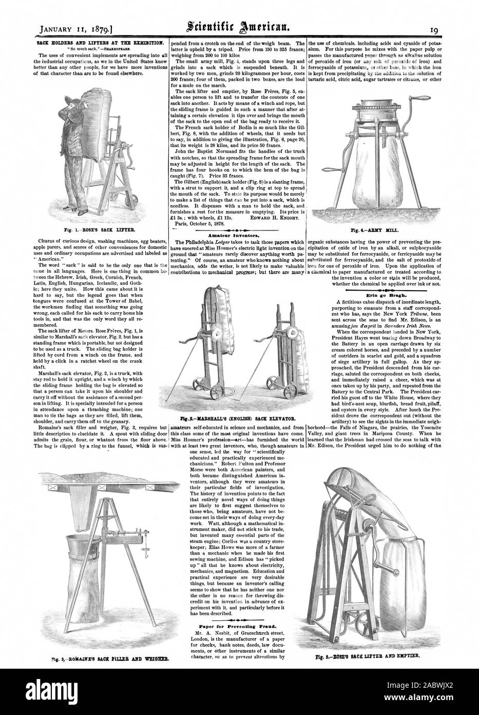 SACK HOLDERS AND LIFTERS AT TER EXHIBITION. Fig. 1ROSE'S SACK LIFTER. Amateur Inventors. Fig.BMARSHALL'S (ENGLISH) SACK ELEVATOR. Paper for Preventing Fraud. Fig. 4ARMY MILL. A fictitious cabte dispatch of inordinate length purporting to emanate from a staff correspond-, scientific american, 1879-01-11 Stock Photo
