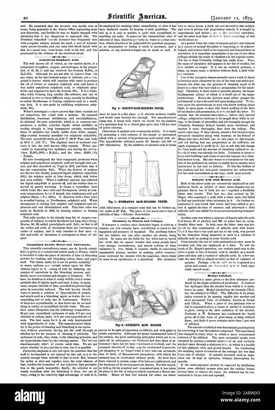 Crystallized Javelle Water and Chlorozone. Pig. 0BODIN'S SACK-HOLDING THUM Pig. 7NORMANWO SACK-HOLDING TRUCK. Chemistry in Schools and Colleges. Pig: 8GlIDERVB SAM HOLDER. Salicylic Acid with Boracic Acid. Methyl Aldehyd., scientific american, 1879-01-11 Stock Photo