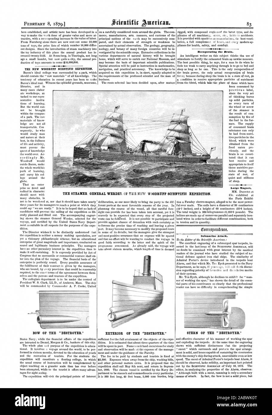 FEBRUARY 8 1879. Recuperating the Brain. Large Magnet. Submarine Attack. THE STEAMER GENERAL WEEDER OF THE NEW WOODRUFF SCIENTIFIC EXPEDITION. BOW OF THE 'DESTROYER.' EXTERIOR OF THE 'DESTROYER.' STERN OF THE 'DESTROYER., scientific american, 1879-02-08 Stock Photo