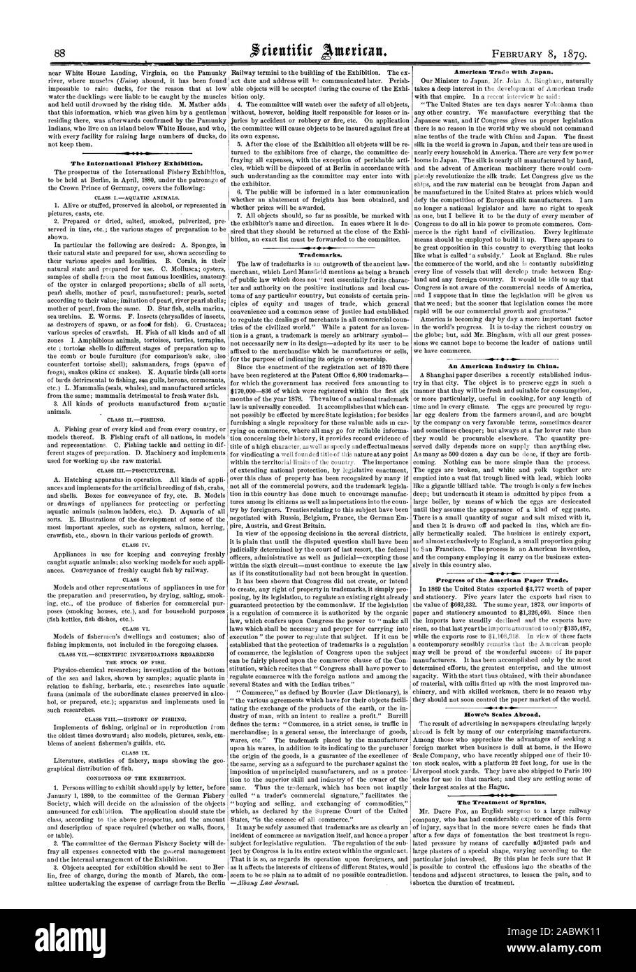VI The International Fishery Exhibition. CLASS IAQUATIC ANIMALS. CLASS IIFISHING. CLASS IIIPISCICULTURE. CLASS IV. CLASS V. CLASS VI. CLASS VIISCIENTIFIC INVESTIGATIONS REGARDING THE STOCK OF FISH. CLASS VIIIHISTORY OF FISHING. CONDITIONS OF THE EXHIBITION. Trademarks. American Trade with Japan. An American Industry in China. Progress of the American Paper Trade. Howe's Scales Abroad. The Treatment of Sprains., scientific american, 1879-02-08 Stock Photo