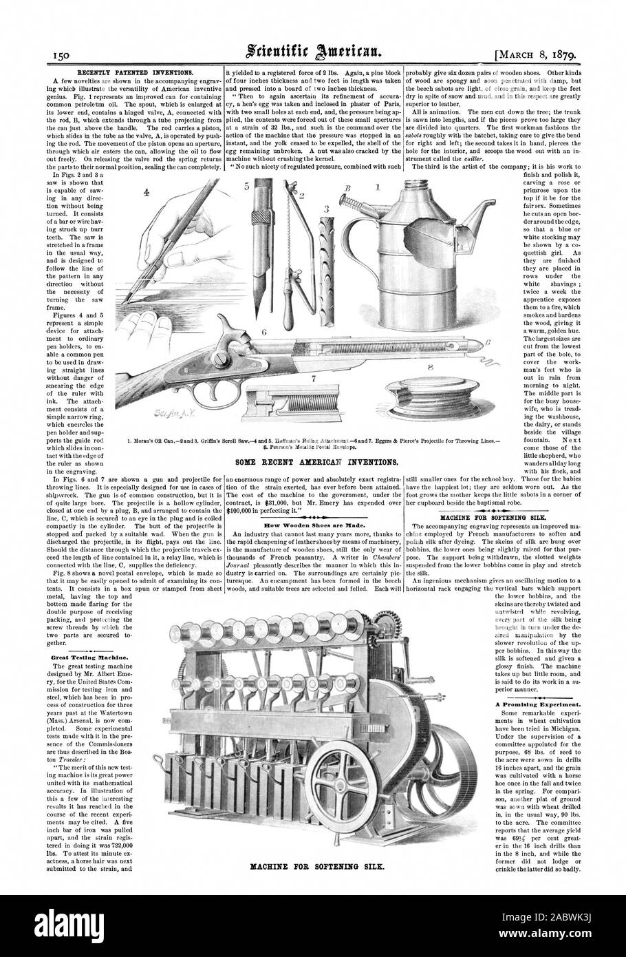 Great Testing Machine. How Wooden Shoes are Made. A Promising Experiment. 4 SOME RECENT AMERICAN INVENTIONS. MACHINE FOR SOFTENING SILK., scientific american, 1879-03-08 Stock Photo