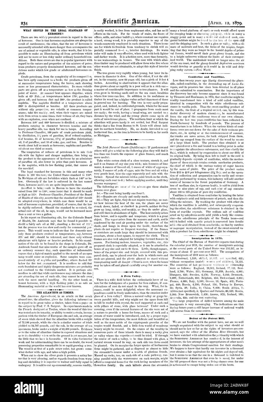 WHAT SHOULD BE THE LEGAL STANDARD OF KEROSENE  0 THE AILANTHUS AS TIMBER. A Fern Valley. Coniferine and Vanilline. Immigration in 1878. Defeat of the Patent Bill. Botibeds., scientific american, 1879-04-11 Stock Photo